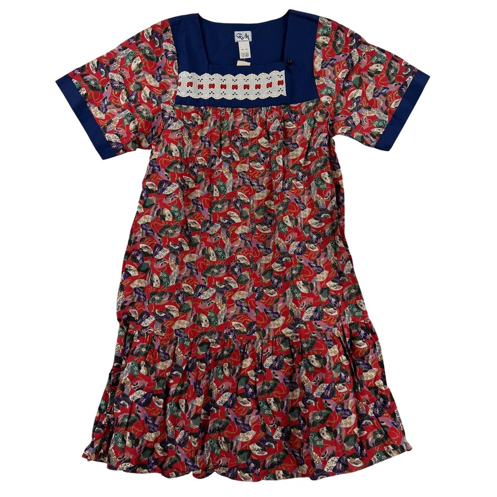 Vintage RM Dress Womens Large Red Fan Print Muumuu Trapeze Midi Hawaiian NWT
